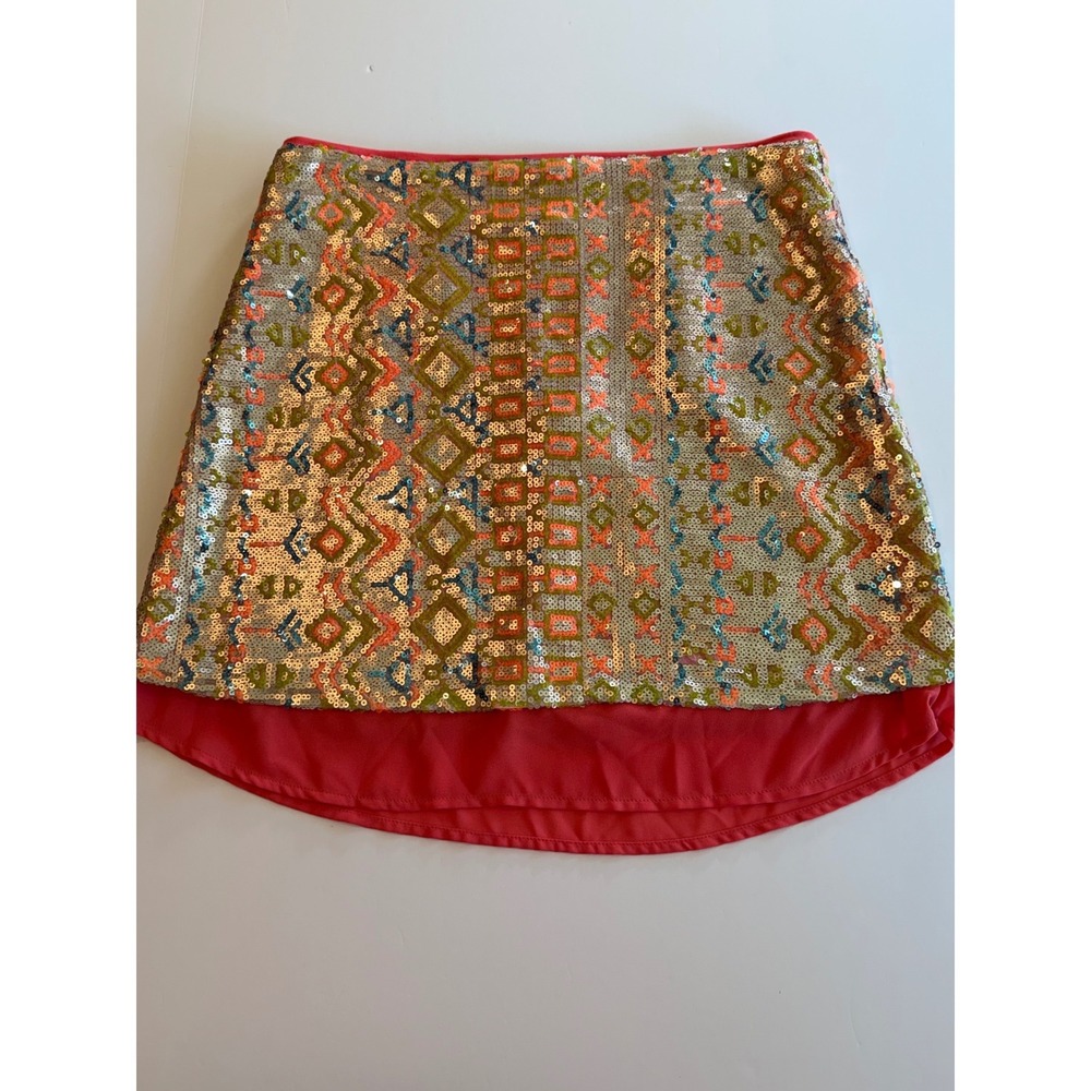 GB Sequin Geometric Mini Skirt Coral Gold Tribal Party‎ Festival Size Large